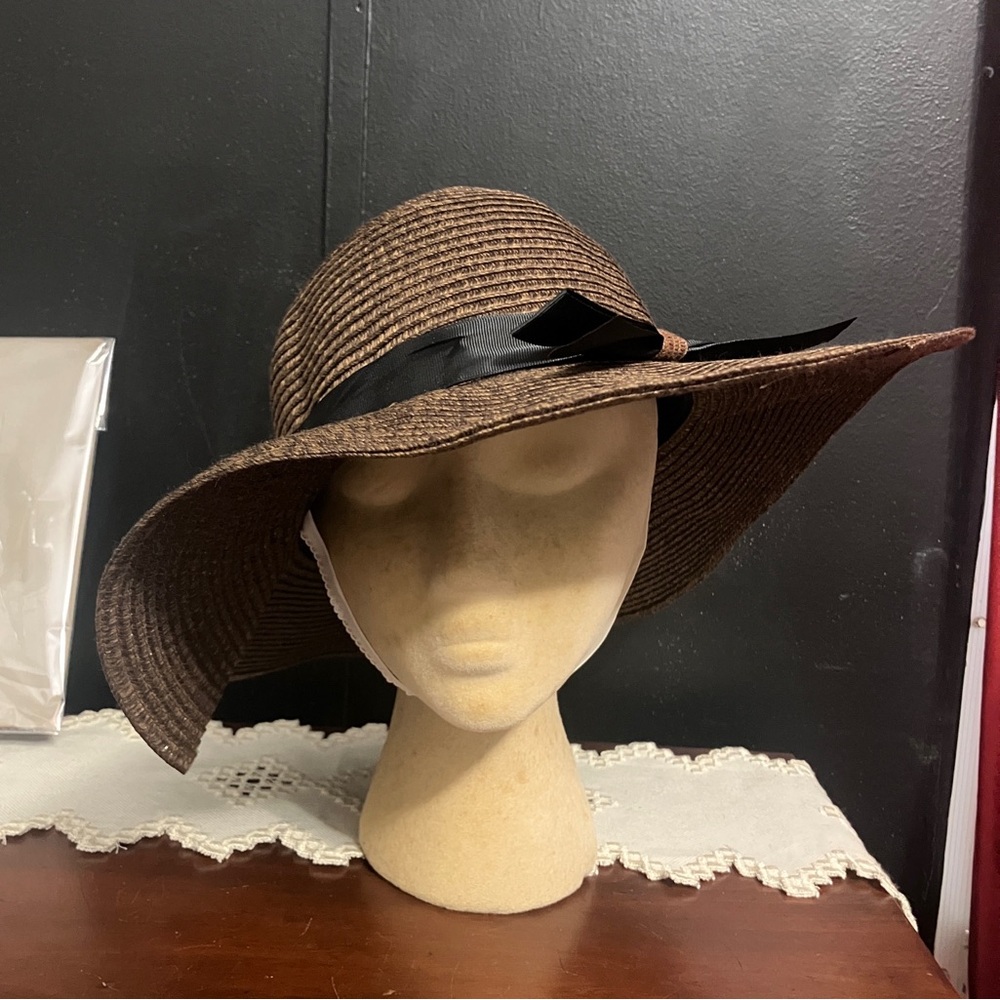 Vintage Wide Brim Brown Floppy Sun Had with Black Bow and Chin Strap